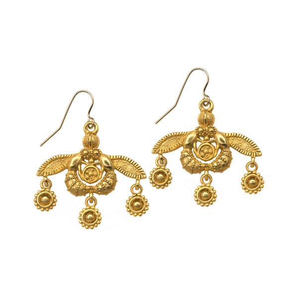 Greek Minoan Bees Earrings, gold-filled ear wires. Made in USA! Come with a gift box. We also offer same design as a pendant on 18" chain.