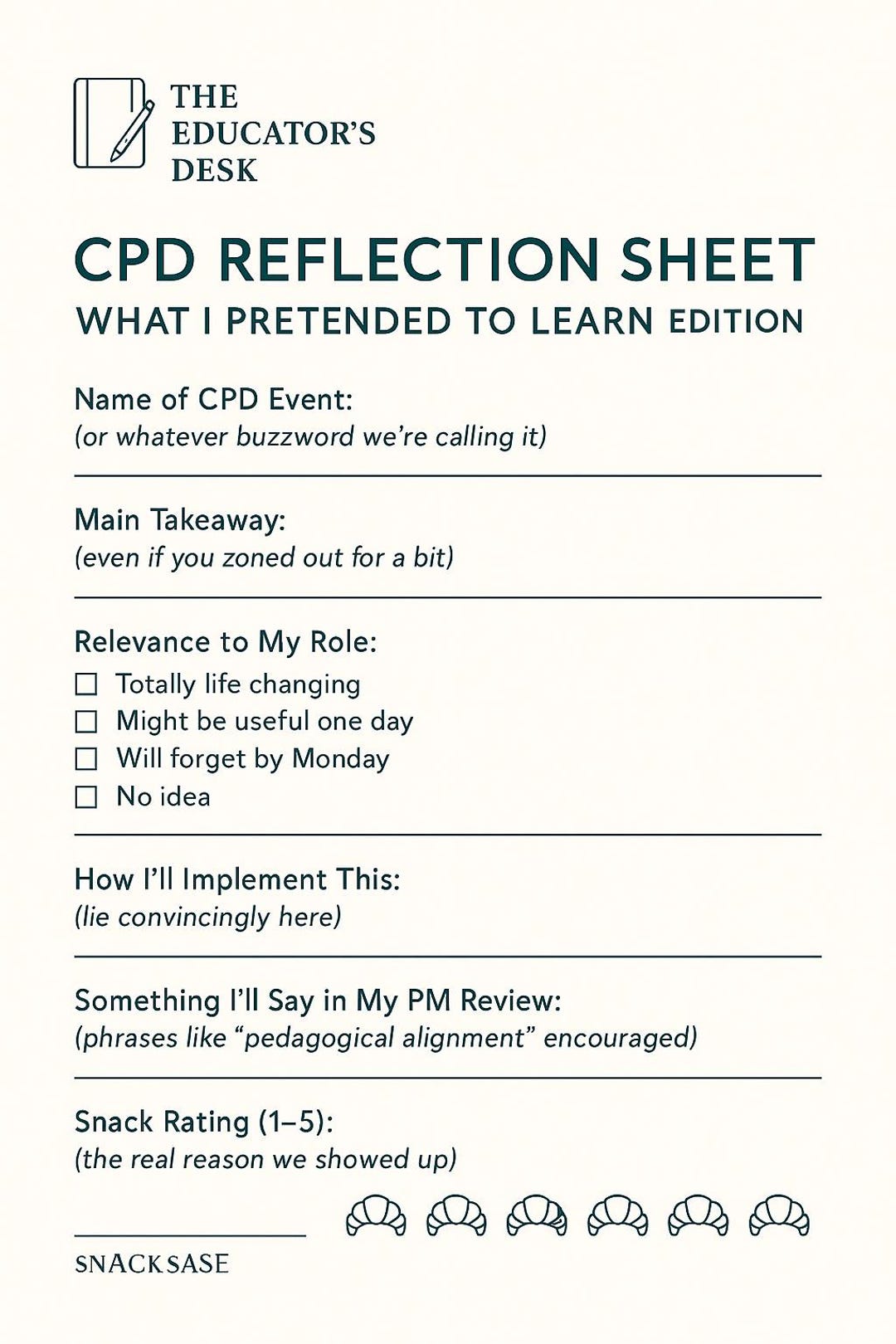 CPD Reflection Sheet | What I Pretended to Learn | Funny Printable for ...