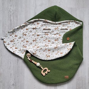 Winter swaddle blanket made of boiled wool - Handmade baby blanket for car seat, wool green - woodland animals - Warm, breathable and high quality image 6