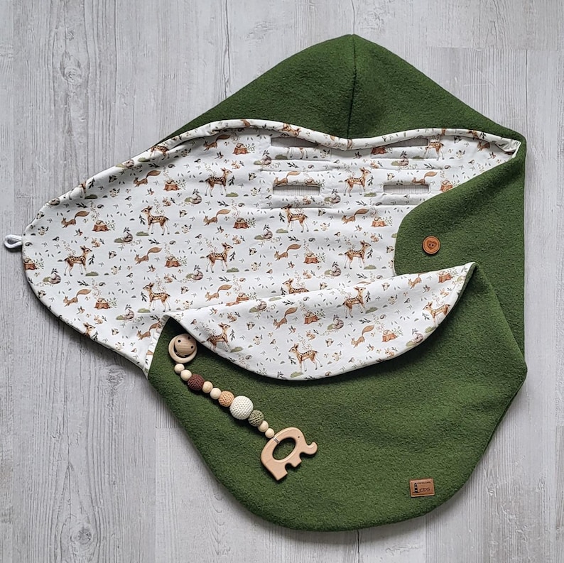 Winter swaddle blanket made of boiled wool - Handmade baby blanket for car seat, wool green - woodland animals - Warm, breathable and high quality image 6