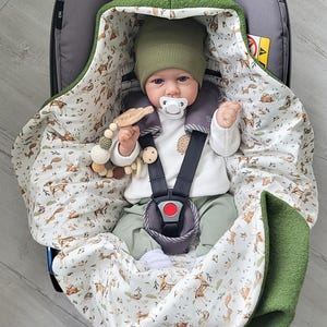 Winter swaddle blanket made of boiled wool - Handmade baby blanket for car seat, wool green - woodland animals - Warm, breathable and high quality 3 Punkt Gurtsystem