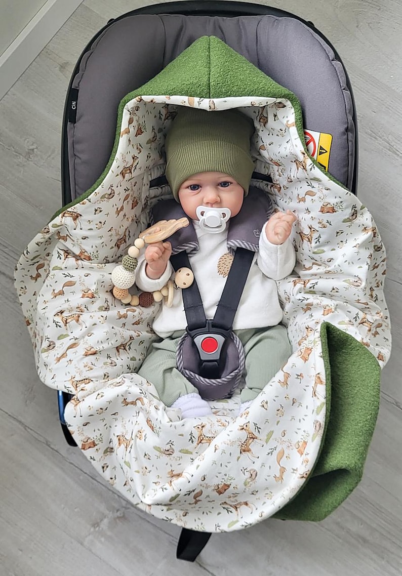 Winter swaddle blanket made of boiled wool - Handmade baby blanket for car seat, wool green - woodland animals - Warm, breathable and high quality 3 Punkt Gurtsystem