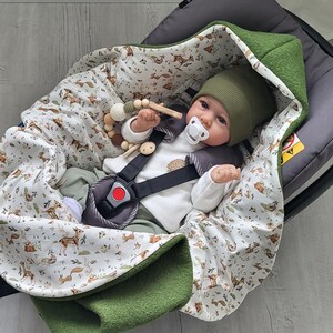 Winter swaddle blanket made of boiled wool - Handmade baby blanket for car seat, wool green - woodland animals - Warm, breathable and high quality image 3