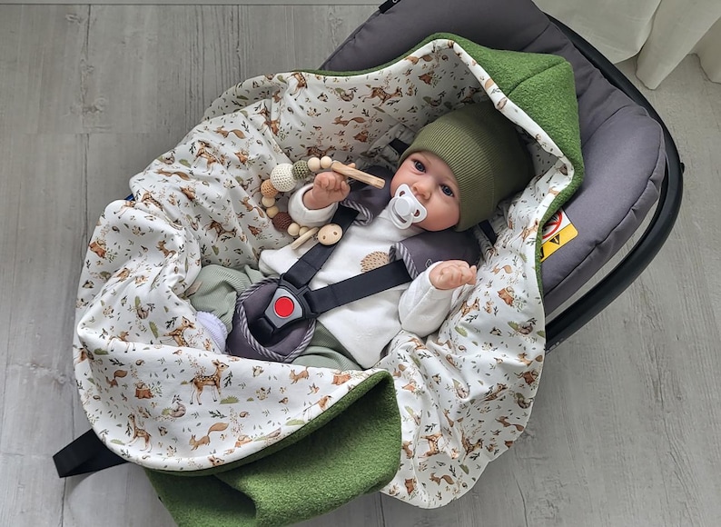 Winter swaddle blanket made of boiled wool - Handmade baby blanket for car seat, wool green - woodland animals - Warm, breathable and high quality image 3