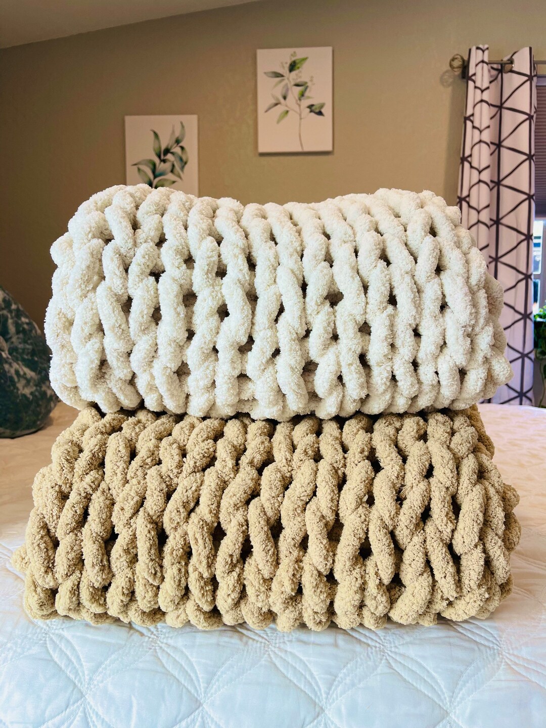Handmade Chunky Knit Blanket, Soft Chenille Hand Knit Throw, Couch