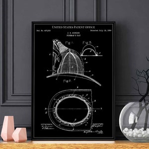 Fireman hat 1889 print patent vintage retro gift dad birthday wall art decor firefighter fire rescue firetruck engine department water
