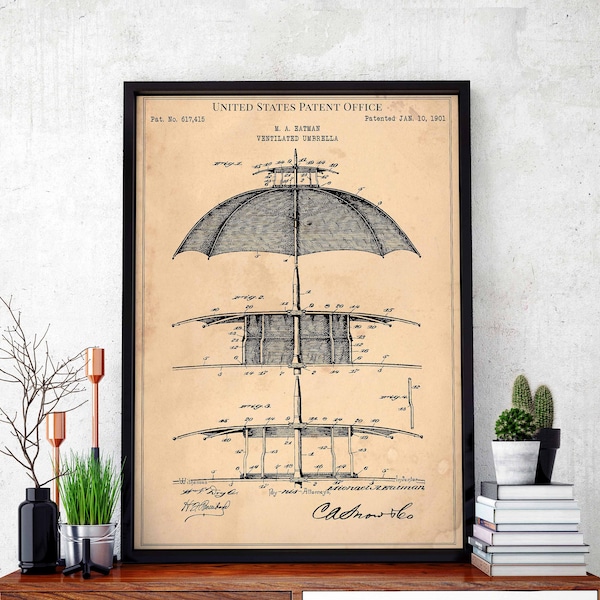 Belüfteter Regenschirm 1901 viktorianisch Steampunk Schirm Strand Druck Wand Kunst Poster Schlafzimmer Patent vintage retro Geschenk Geburtstag