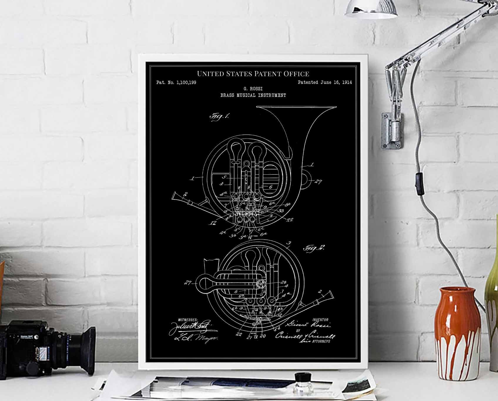 French horn 1914 brass musician concert hall symphony marching opera print wall art poster bedroom patent vintage retro gift birthday