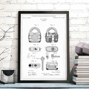 Padlock 1877 key workshop tool metalwork print wall art poster bedroom patent vintage retro gift birthday
