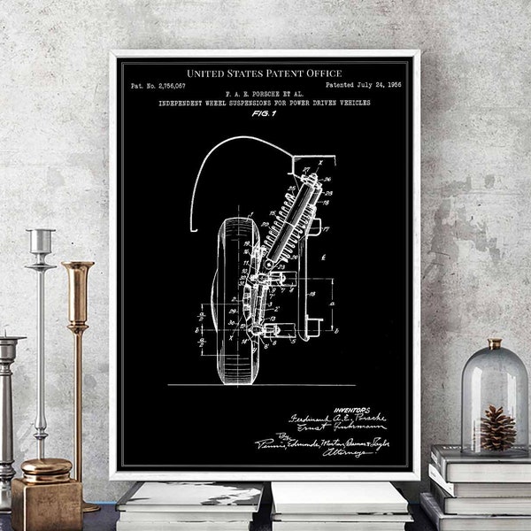 Porsche independent wheel suspensions 1956 truck engineer driver racer print wall art poster bedroom patent vintage retro gift birthday