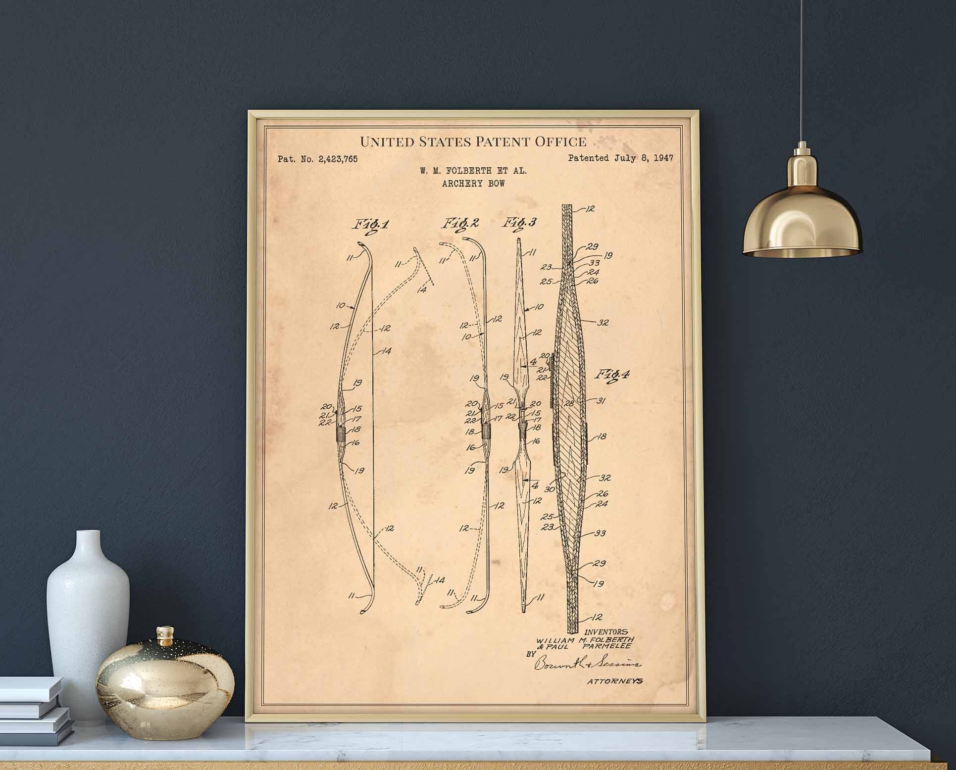 Archery bow 1947 archery bow arrow target sport hunting olympics outdoor print wall art poster bedroom patent vintage retro gift birthday