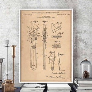 Adjustable wrench for nuts 1942 wrench tool workshop tools mechanic print wall art poster bedroom patent vintage retro gift birthday