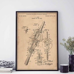 Fishing rod and reel 1920 cast rod bait fly fishery fisherman print wall art poster bedroom patent vintage retro gift birthday