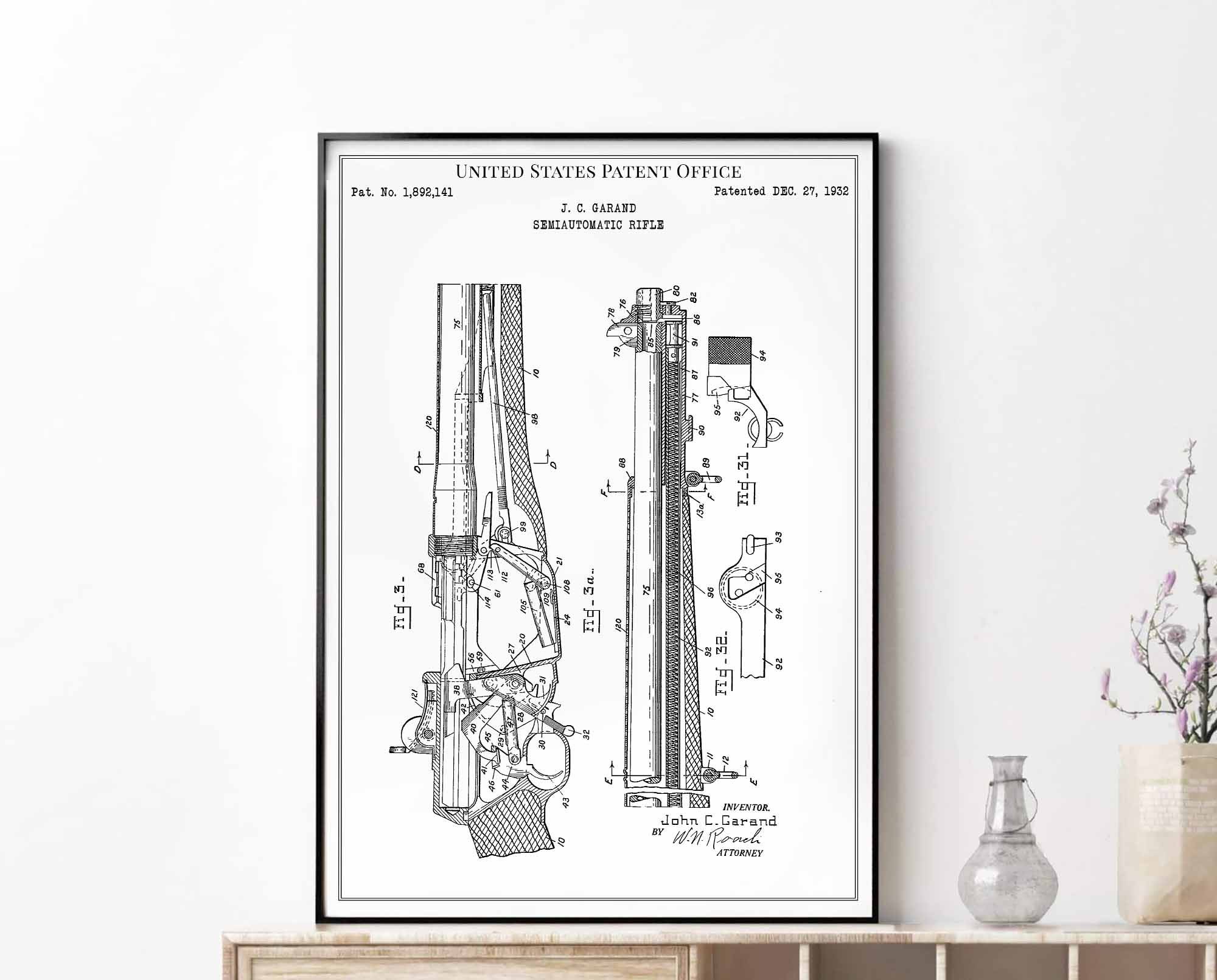 Semiautomatic Rifle 1932 firearm shotgun pistol weapon wild west garand print wall art poster bedroom patent vintage retro gift birthday