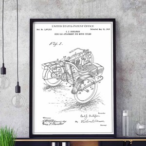 Side car motor cycles 1918 chopper saddle hog leather helmet print wall art poster bedroom patent vintage retro gift birthday