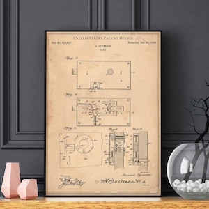 Lock 1898 secret safehouse picking thief crime print wall art poster bedroom patent vintage retro gift birthday