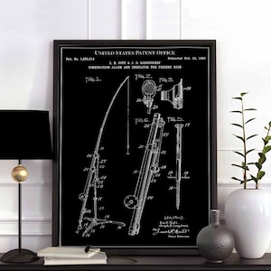 Alarm and indicator for fishing rods 1920 fishing adventure lake fish print wall art poster bedroom patent vintage retro gift birthday
