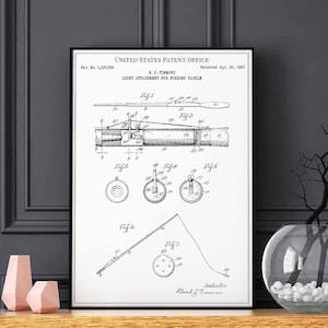 Light attachment for fishing tackle 1920 fishing adventure lake fish bait print wall art poster bedroom patent vintage retro gift birthday