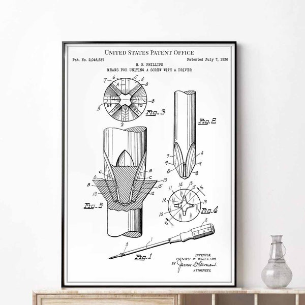 Philips screw driver 1936 screwdriver tool workshop engineer hobby tools print wall art poster bedroom patent vintage retro gift birthday