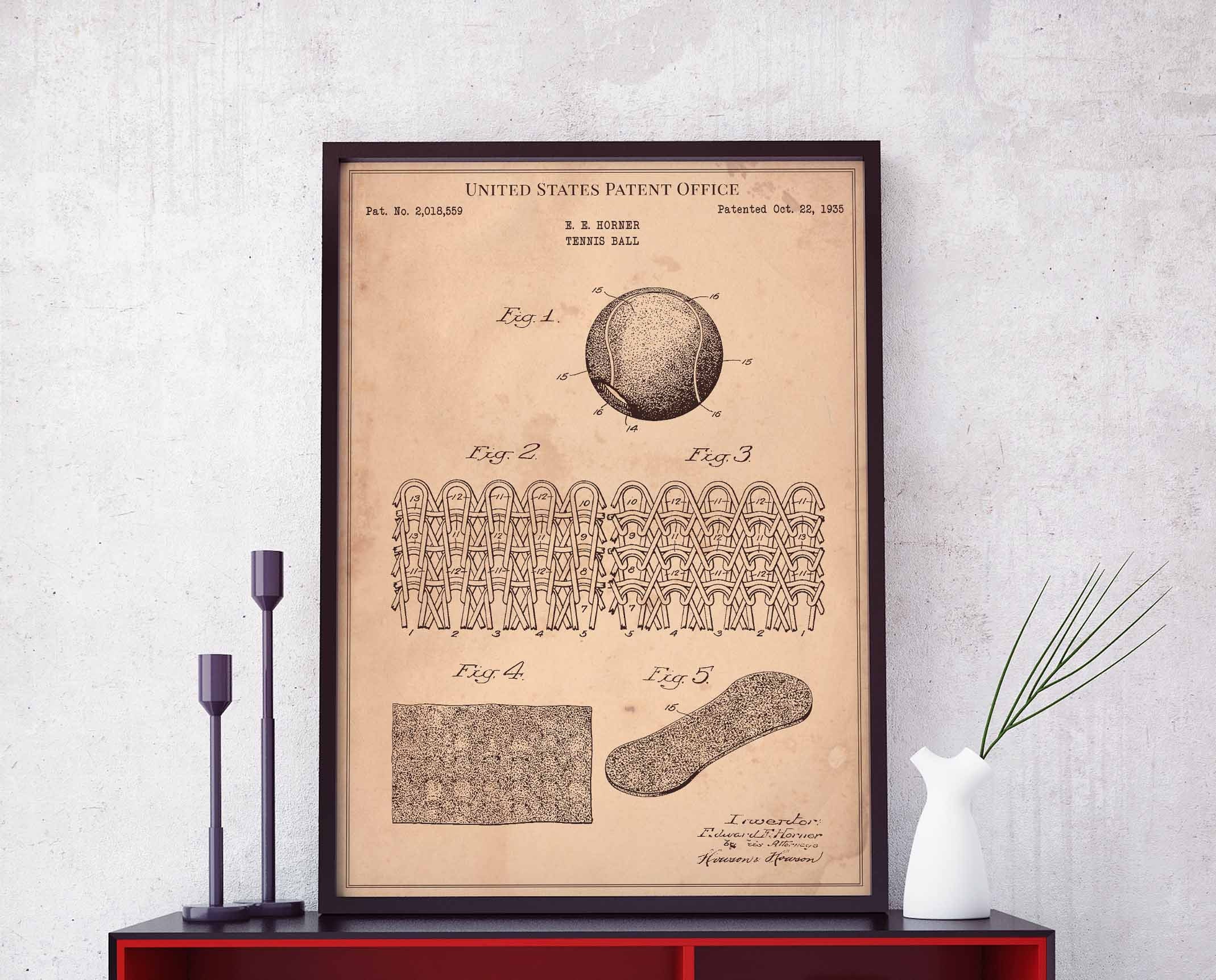 Tennis ball 1935 sport atp wta usopen tournament game set match ball print wall art poster bedroom patent vintage retro gift birthday
