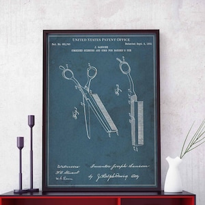 Scissors comb barber/'s 1901 hairstyle barber barbershop shave saloon print wall art poster bedroom patent vintage retro gift birthday