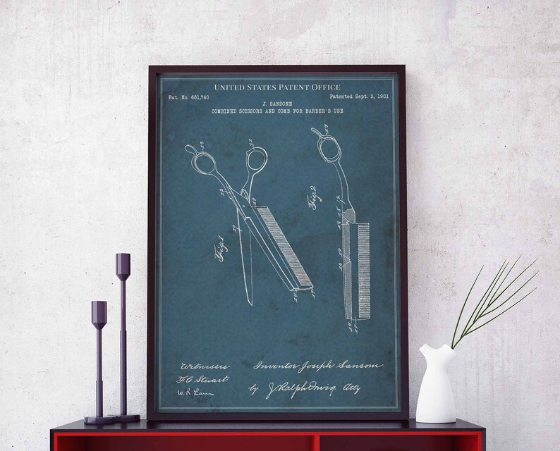Scissors comb barber/'s 1901 hairstyle barber barbershop shave saloon print wall art poster bedroom patent vintage retro gift birthday