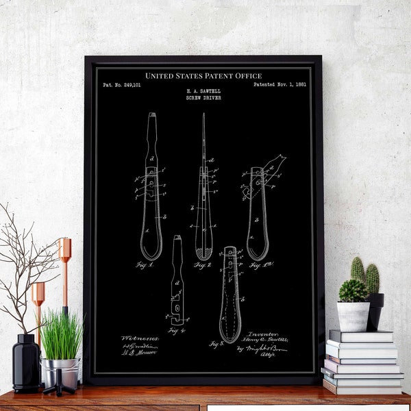 Schroevendraaier 1881 print patent vintage retro cadeau vader vader verjaardag muur kunst decor schroevendraaier gereedschap workshop ingenieur hobby gereedschap