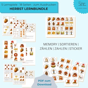 Könnte beinhalten: Ein herbstliches Lernbundle zum Ausdrucken mit 18 Seiten voller Lernspiele, Sortieraufgaben, Zählübungen und Stickern. Die Blätter zeigen Illustrationen von Eicheln, Eulen, Eichhörnchen, Kürbissen und Bäumen mit dem Titel HERBST LERNBUNDLE.