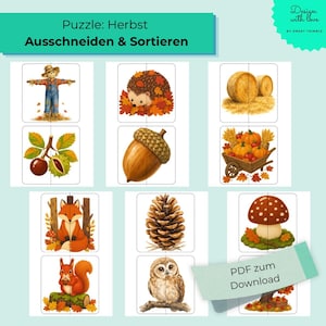 Könnte beinhalten: Ein druckbares Arbeitsblatt mit dem Titel Puzzle: Herbst Ausschneiden & Sortieren mit herbstlichen Illustrationen, darunter eine Vogelscheuche, ein Igel, Heuballen, eine Kastanie, eine Eichel, Kürbisse im Wagen, ein Fuchs, ein Eichhörnchen, ein Tannenzapfen, eine Eule und ein Pilz.