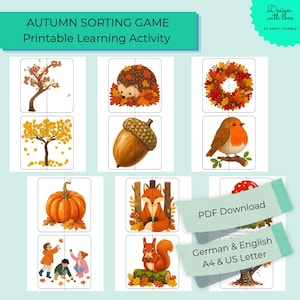 Könnte beinhalten: Ein herbstliches Sortierspiel als druckbare Lernaktivität mit Illustrationen von Bäumen, Igel, Eichel, Kranz, Rotkehlchen, Kürbis, spielenden Kindern, Fuchs und Eichhörnchen. Text: "AUTUMN SORTING GAME", "PDF Download", "A4 & US Letter".