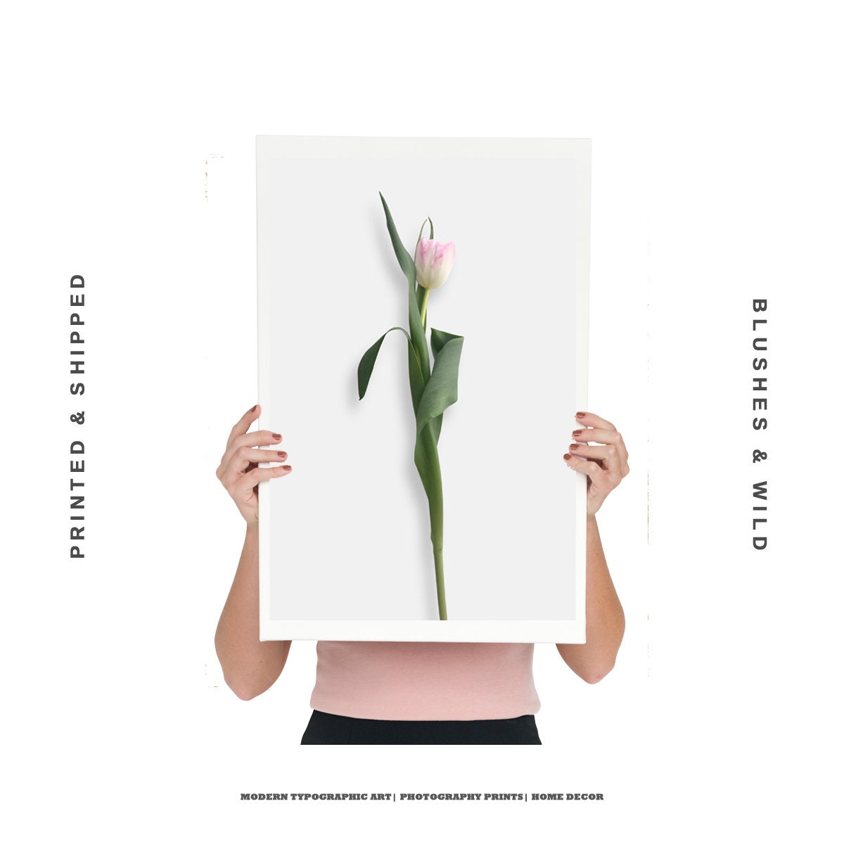 Minimal Floral Poster Pink Tulip Flower Print 6 Pink Green Etsy