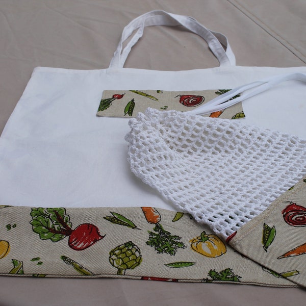 Tote bag et filet crochet assorti coton et lin   le filet pour légumes fait au crochet, sac à vrac