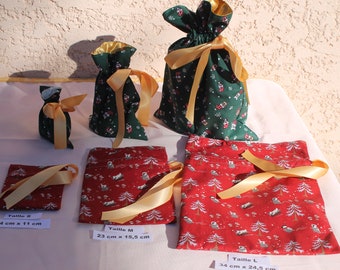 Sac tissu, pochon pour emballage cadeaux, zéro déchet, 3 tailles  S, M, L, 2 motifs