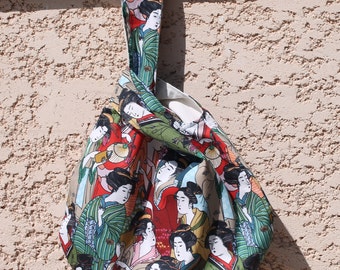 Reversible Japanese adult or teenager bag, made of printed cotton and interior in old mixed cotton