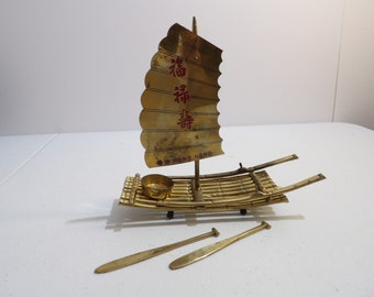 Vintage Brass Chinese Junk Boat Figure - Chinese Boat Candle Holder - Chinese Boat Cone Incense Burner