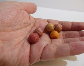 Vintage Clay Marbles - Set B - Clay Marbles - 4 Red And 1 Orange Clay Marbles