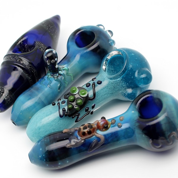 4.5“ Glass Smoking Pipes Sea World Smoke Bowls Handmade Tobacco Pipe Spoon Bowl Silver Fumed Turtle Frog Conch Octopus Unique Collectible