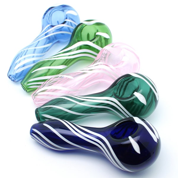 4.3" Glass Smoking Pipes White Stripes Smoke Bowl Tobacco Pipe Bowls Handmade Clear Heavy Duty Spoon Blue Pink Green Unique Gift Thick