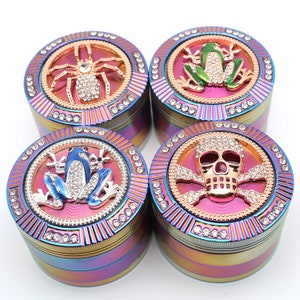 2.5&quot; 64mm Zinc Alloy Grinder Skull Frog Spider Heavy Duty Large 4 Pcs Rainbow Rhinestone Diamond Bling Grinders Catcher Magnetic Lid ZingCo