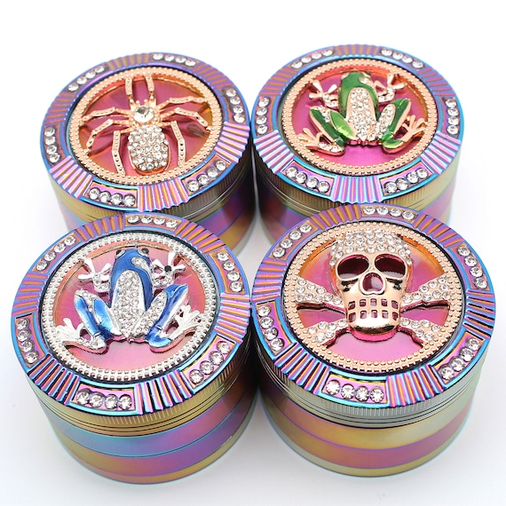 2.5" 64mm Zinc Alloy Grinder Skull Frog Spider Heavy Duty Large 4 Pcs Rainbow Rhinestone Diamond Bling Grinders Catcher Magnetic Lid ZingCo