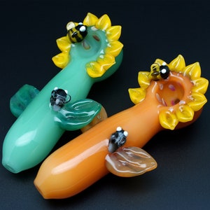 4,3" jade glazen pijpen handgemaakte kommen voor rookpijp tabak bowl lepel zonnebloem bijen schattig uniek verzamelobject zwaar ambergroen