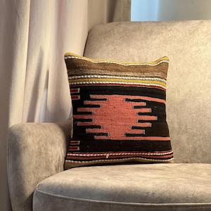 Handmade Kilim Pillow Cover 16x16: Vintage Turkish Wool Cushion