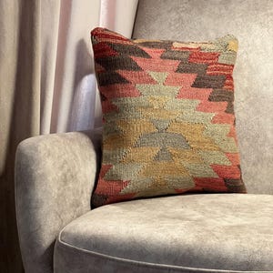 Handmade Kilim Pillow Cover 16x16: Vintage Turkish Wool Cushion