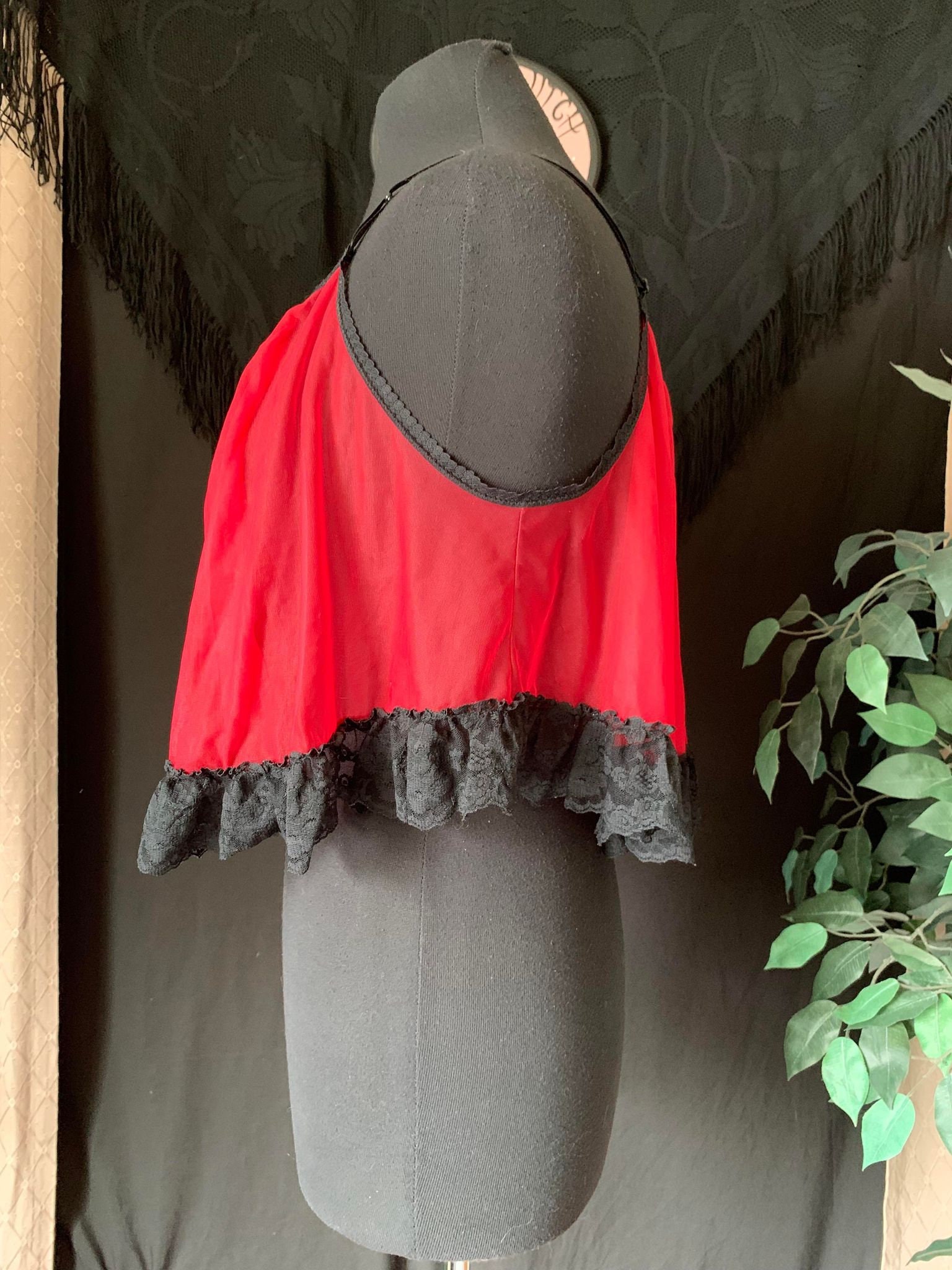 Vintage 1980s Red and Black Sheer Sexy Camisole Bed Jacket Coat