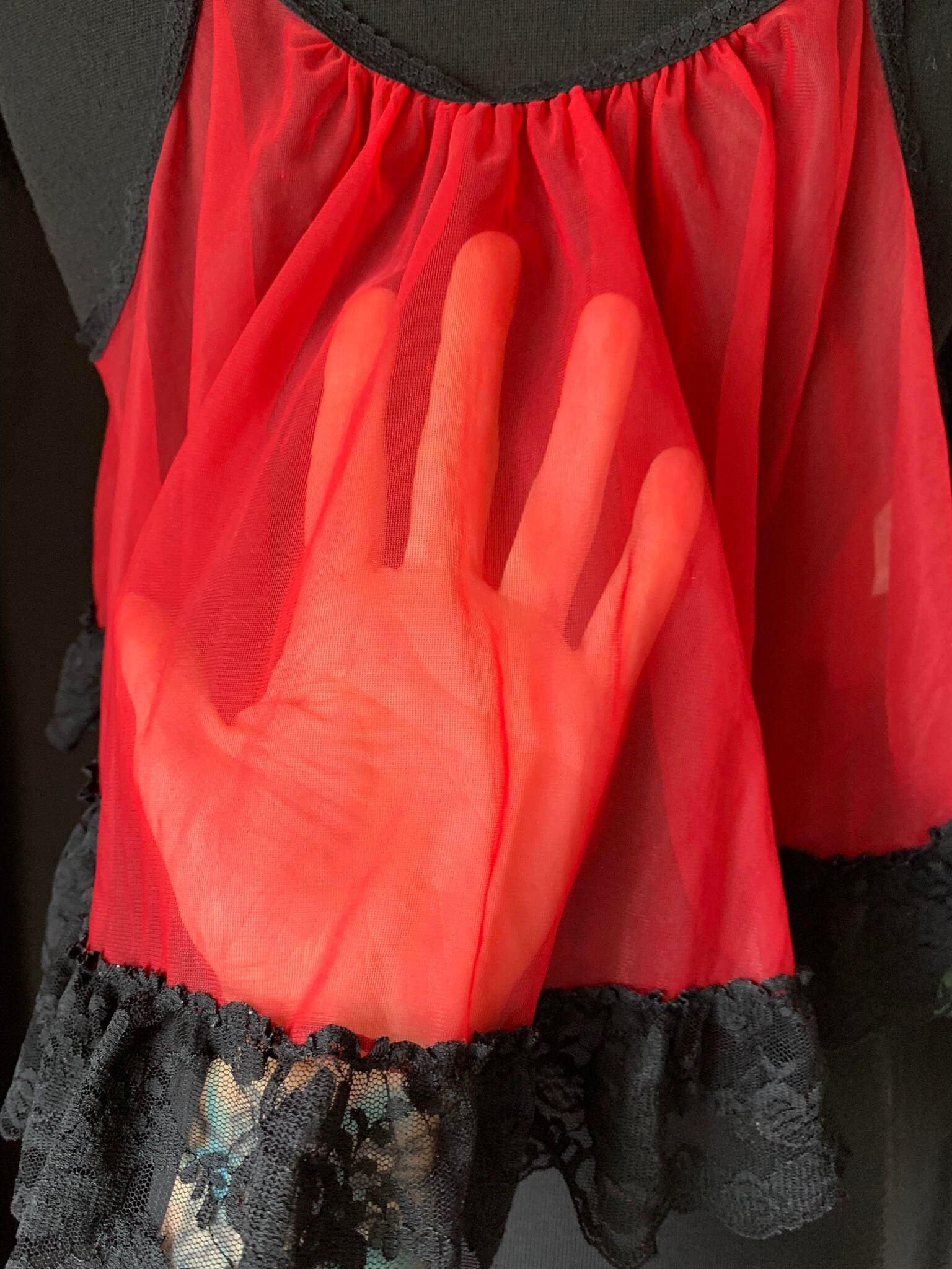 Vintage 1980s Red and Black Sheer Sexy Camisole Bed Jacket Coat