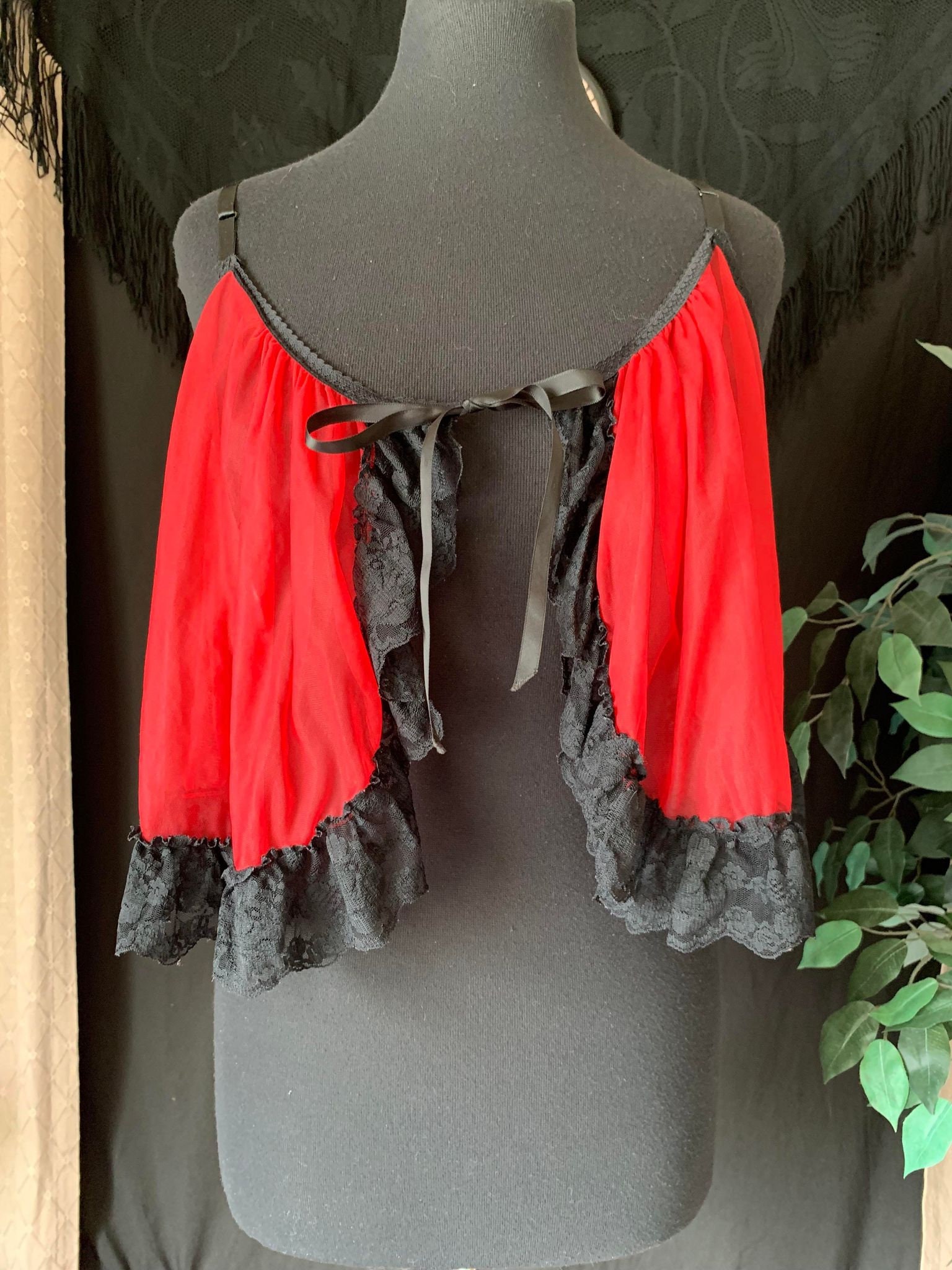 Vintage 1980s Red and Black Sheer Sexy Camisole Bed Jacket Coat