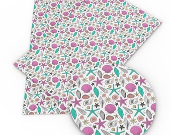 Seashell & starfish pattern faux leather sheet, synthetic leather, vegan leather for crafts, bows, earrings, beading