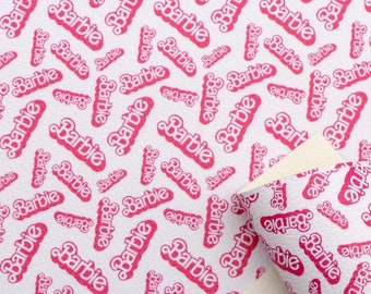 White with pink Barbie pattern, faux leather sheet, synthetic leather for crafts, bows, earrings, beading