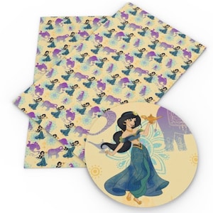 May include: A sheet of patterned faux leather featuring a repeating design of a cartoon princess with a genie lamp and an elephant. The design is in shades of blue, purple, and yellow on a cream background.
