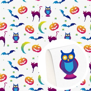 May include: A seamless pattern featuring a variety of Halloween icons, including pumpkins, owls, bats, and crescent moons. The icons are rendered in a rainbow gradient color scheme on a white background.